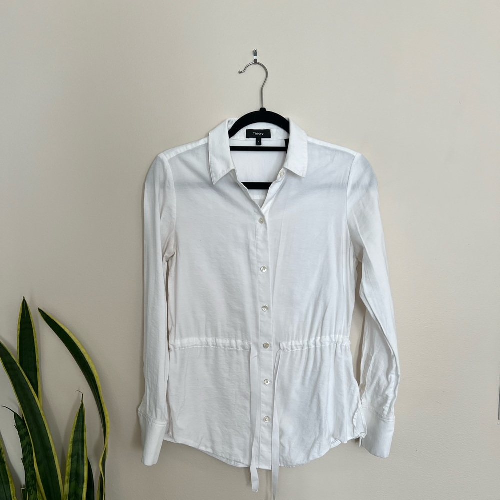 Theory White Button Down Drawstring Shirt - image 1